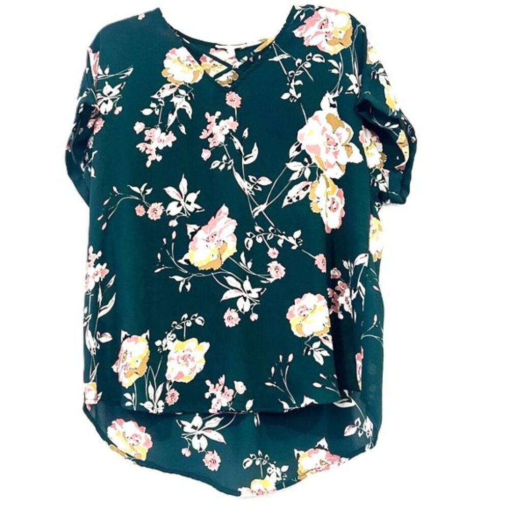 Maurcies Green Floral Print Short Sleeve Blouse Womens Size Large
